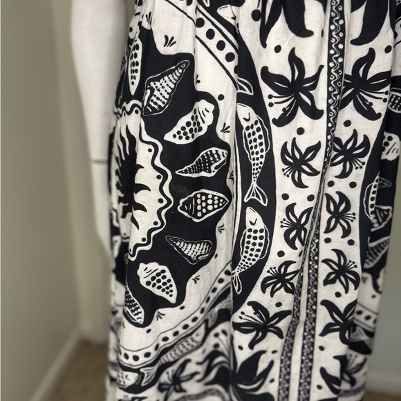 FARM RIO Black/White POPLIN BEADED TROPICAL CELESTIAL SUNS MIDI DRESS M - Picture 6 of 12